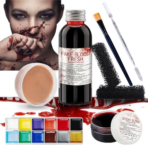 Halloween Make up Set, Kunstblut, Verkrustetes Kunstblut, Haut Wachs & 12 Farben Gesichtsbemalung & Schwamm & Pinsel, für Halloween Partys Kostümfeste Karneval Zombie Vampir Wunden Narben Schminke