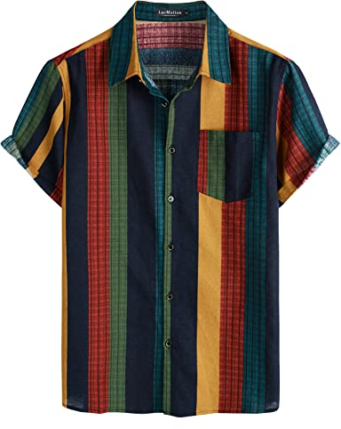 LucMatton Herren Leinen Traditionelles Muster Druck Kurzarm Button Down Hawaiihemden, Mehrfarbig gestreift, L