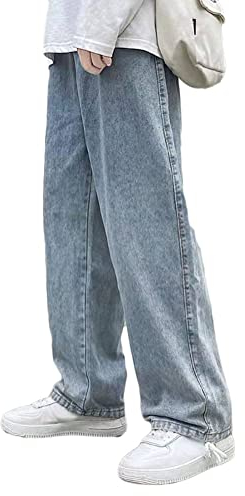 ORANDESIGNE Jeanshosen Herren Hose mit Weitem Bein Jeans Casual Relaxed Fit Jeanshose Denim Hosen Baggy Hip Hop Jeans Vintage Ausgestellte Jeans Straight Leg Streetwear M Hellblau L