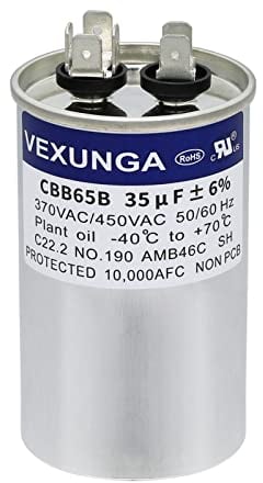 VEXUNGA Kondensator 35uF 35 MFD 370VAC 440VAC 450VAC 50/60Hz Runder AC Kondensatoren CBB65 für Klimaanlage Kompressor Motor Luft Wärmepumpe oder Lüftermotoren