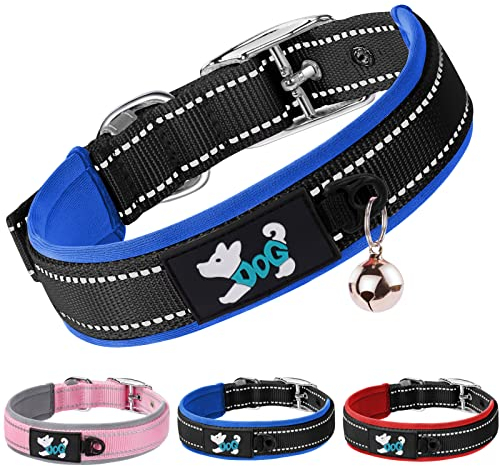 AUAUY Collier pour Chien, Collier Réfléchissant en Nylon Réglable, Confort rembourré Colliers Pet avec Boucle en Métal et Grelot pour Toutes Les Variétés Petit, Moyen Gros, Grand Chiens (Bleu-S)