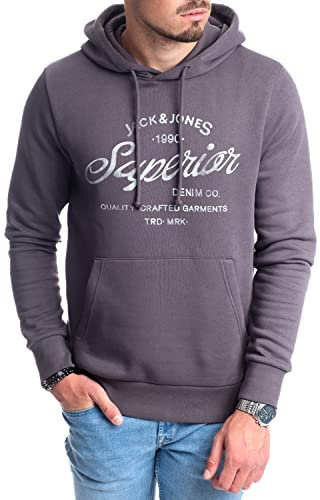JACK & JONES Herren Hoodie Pullover mit Kapuze Sweatshirt Kapuzenpullover für Männer aus Baumwolle mit Logo/Auswahl an Designs und Farben (Asphalt Mika/649 L)