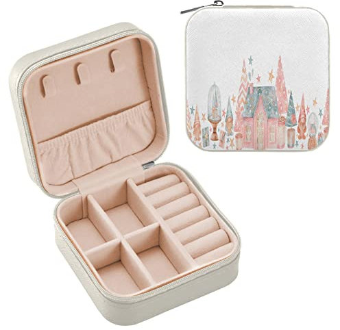 Kleine Schmuckschatulle für Damen, PU-Leder, Reise-Schmuckkästchen für Ringe, Ohrringe, Halsketten, Uhren, Geschenke für Mädchen, Frauen, Aquarell, Weihnachten, Haus, Schneekugel, Zwerg,