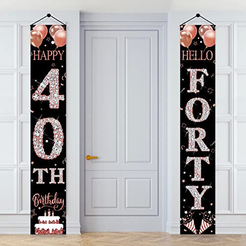 40th Birthday Door Banner Decorations for Women, Rose Gold Happy 40th Birthday Hello Forty Porch Sign Party Supplies, 40 Year Old Bday for Indoor Outdoor