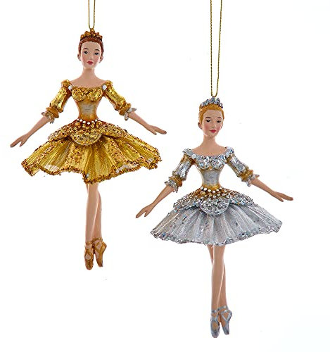 Kurt S. Adler Elegante skurrile Ballerina, Fee, Engel Ornamente (Set von 2 Gold Silber 14 cm Ballerina Weihnachten Ornament Hologramm Glitzer E0801)