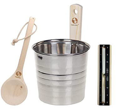 SudoreWell® Edelstahl Saunakübel Saunaeimer hochwertig mit Griffdaube plus Saunakelle 35cm und Sauna Sanduhr Exklusiv Alu Black 15 Minuten aus Kiefernholz