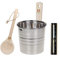 SudoreWell® Edelstahl Saunakübel Saunaeimer hochwertig mit Griffdaube plus Saunakelle 35cm und Sauna Sanduhr Exklusiv Alu Black 15 Minuten aus Kiefernholz