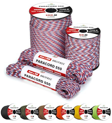 Brotree 4mm Paracord 550 7 Hebras Cuerda de Nylon 15M Tipo III Cuerda de Paracaídas para Supervivencia, Al Aire Libre, Bricolaje - 250kg Carga de Rotura (Libertad)