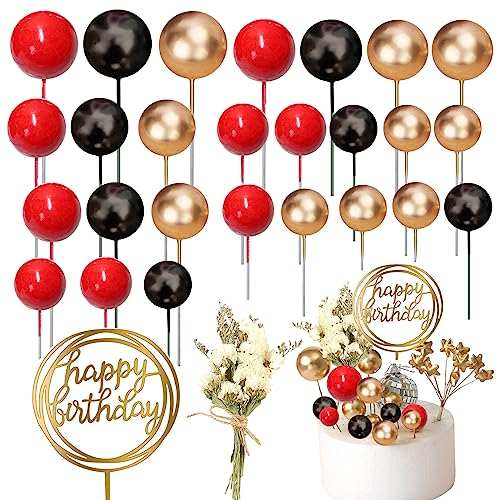 Mini Balloon Cake Topper, 44pcs Happy Birthday Cake Decoration Set Wedding Cake Decoration With Dried Flowers for Anniversary Graduation Birthday Party Baby Shower (Red)