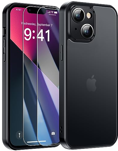 FLLAO Opaca Cover Compatibile con iphone 13 6.1 con 2 Vetro Temperato, [Della Fotocamera Protezione] Anticaduta Antiurto Anti-Graffio Anti-Impronte Hard PC Glassata Traslucida Custodia iphone 13 Nero