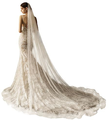 AMBRE ADÈLE Perlenschleier, langer Hochzeitsschleier für Bräute, cremefarben, 150 x 229 cm, Cremeweiß, Lange
