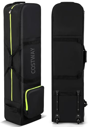 COSTWAY Wheeled Golf Travel Bag, Soft-Sided Travel Cover with 3 Handles, Extra Storage Pocket, Zipper and Key, Foldable Golf Club Stand Bags