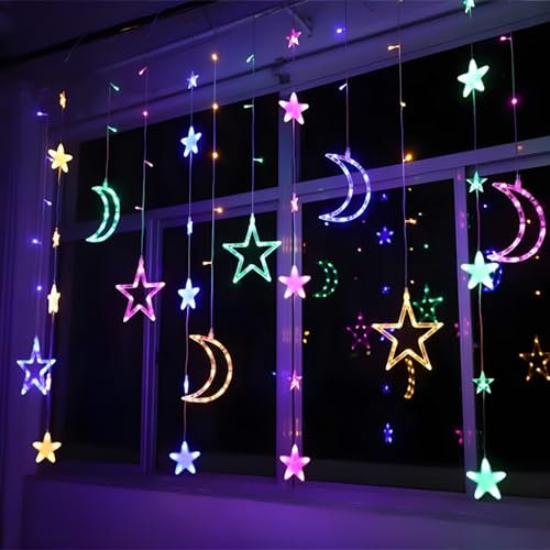 Deyaah 3.5m Star Moon Curtain String Light, LED Christmas Fairy Lights, Waterproof Hanging Window Star Moon Night Light for Ramadan, Christmas, Wedding, Party, Home, Terrace, Lawn (Multicolor)
