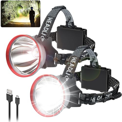 Aikertec Linterna frontal LED recargable de 120000 lúmenes súper brillante para adultos, linterna frontal Streamlight con 2 modos, ajustable a 120°, lámpara de cabeza impermeable para acampar al aire