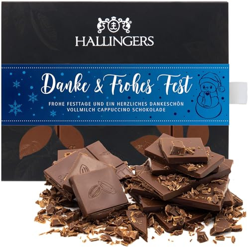 Hallingers Genuss Manufaktur Schokolade Weihnachts-Geschenk - Tafel handgeschöpften Edelkakaos ohne Alkohol edler Karton Danke & Frohes ... Cappuccino, Weihnachten für Frauen Männer