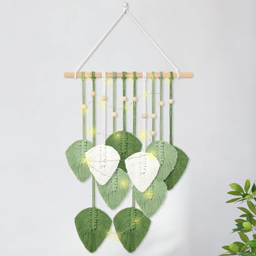 Brmeday Makramee Wandbehang mit Holzperlen Blättern, Handgewebter Boho Wandteppich, Wanddeko für Schlafzimmer, Kinderzimmer Wohnzimmer, Boho Deko mit LED Lichterkette