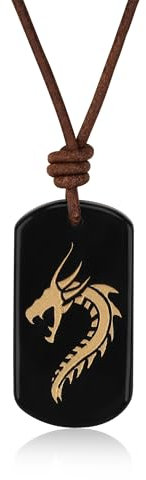 COAI Echtes italienisches Leder Halskette mit schwarzem Obsidian Anhänger mit Unisex geschnitzt Drache