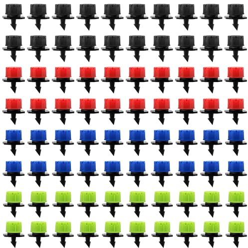 VooGenzek 80 Piezas 1/4'' Goteros de Riego, Plástico Aspersores de Riego Ajustables de 8 Agujeros, Cabezas de Riego para Goteo Goteros, Rociadores de Riego para Césped, Jardín, Negro/Rojo/Azul/Verde