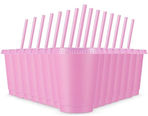Rtteri 15 Pcs Valentine's Day Reusable Kids Cups with Straws and Lids 16 oz Glitter Kids Tumblers Plastic Party Favor Cups with Lids Travel Mug Tumbler for Iced Beverage Water Parties(Light Pink)