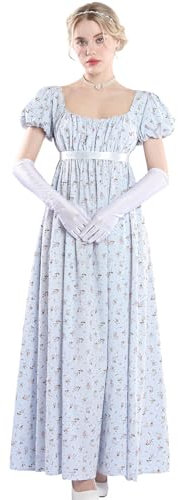 CR ROLECOS Regency Kleid Damen Jane Austen Kleid Empire Kleider mit Handschuhen Viktorianische Ballkleid Damen Lang Cocktailkleid Gala Blau S