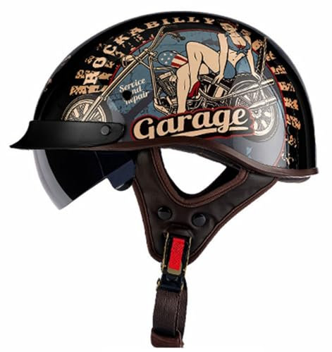 Casque Bol Moto Homologué ECE Vintage Mobylette Demi Jet Casque de Moto à Face Ouverte Cour Cruiser Dapté à La Conduite en Extérieur 5,XL=61~62cm