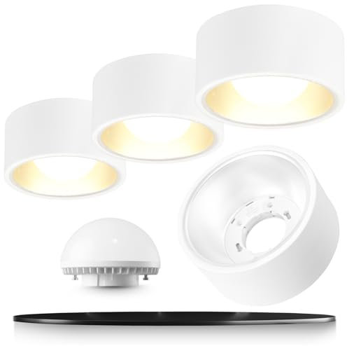 YindaLux 4x LED Aufbauspot Weiß Aufbaustrahler inkl. GX53 LED 7W 800LM 3000K Warmweiß Aufputz 230V Rund Ø130x60mm Aluminium als Aufbauleuchte, Deckenspots, Deckenstrahler für Wohnzimmer