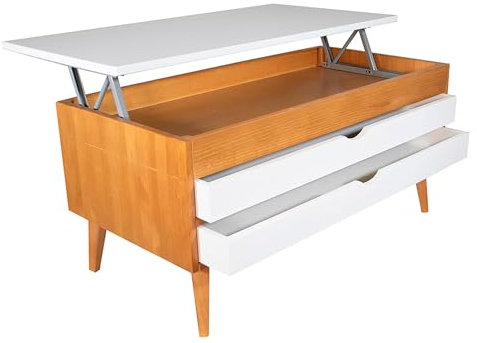 LoMasCasa - Mesa de Centro Salón Elevable Madera Modelo Luzia 6 con Dos Cajones Deslizantes en Color Cerezo y Blanco Medidas 100x50x47 cm