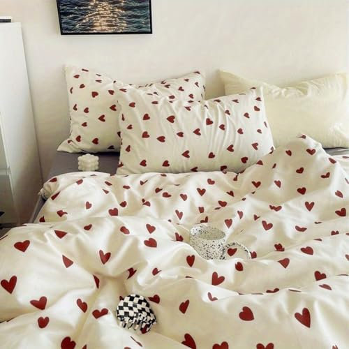 WAVATA Bettwäsche 135x200 cm Weiß mit Roten Herzen Bettbezug, Microfaser Rot Weiss Herzchen Bettwäsche Set und Kissenbezug 80x80 cm, 2-Teilig, mit Reißverschluss, für Kinder und Erwachsene