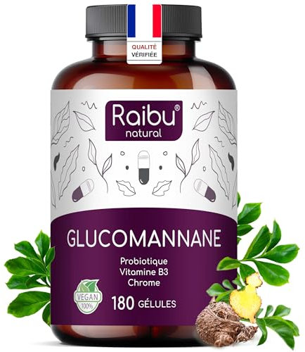 Glucomannane Konjac Pur, 4100mg par Jour, 180 gélules - Pure 95% de Fibre Konjac, avec Probiotique, Chrome et Vitamine B3 - Haute viscosité, haute satiété, Raibu