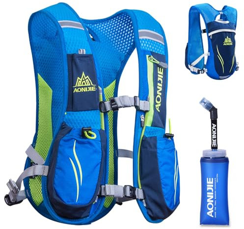 Azarxis Zaino da Corsa 5L Ultra Leggero Zaino Idratazione con Strisce Riflettenti Zainetto Trail Running Traspirante da Uomo e Donna per Corsa Maratona Ciclismo (Blu - con 1 borraccia 350ml)
