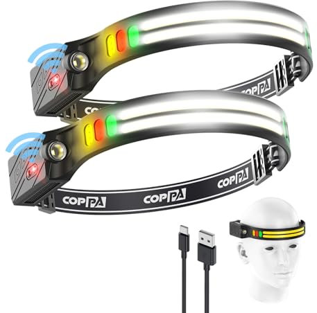 COPPA Linterna Frontal Recargable, H4C Linterna Cabeza LED 2 Pack Luz Blanca & Amarilla & Roja & Verde Con Sensor de Movimiento Headlamp Super Brillante Para Correr Camping Excursión Pesca Casco