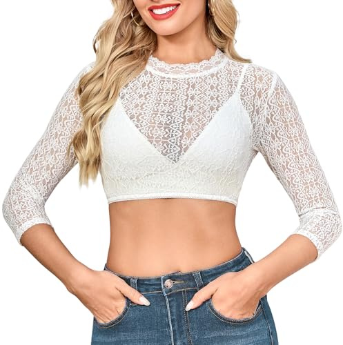 Aiseyi Chemisier Dirndl à manches longues pour femme - En dentelle - Blanc - Pour costume bavarois - Fête de la bière