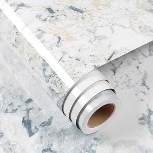 FunStick 60CMx5M Blue White Self Adhesive Wallpaper Marble Effect Sticky Back Plastic for Table Cupboards Furniture Worktop Vinyl Covering Kitchen Vinyl Wrap Marble Peel and Stick Wallpaper White Blue