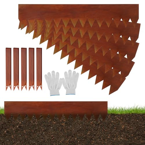 Eikuavons Rasenkanten, 100x20cm Rasenkante Metall scharfen Sägezähnen, Flexible Beeteinfassung Mähkant Palisade mit Clips und Handschuhe, für Gärten Wege, Rost (Länge 10m - Höhe 20cm)
