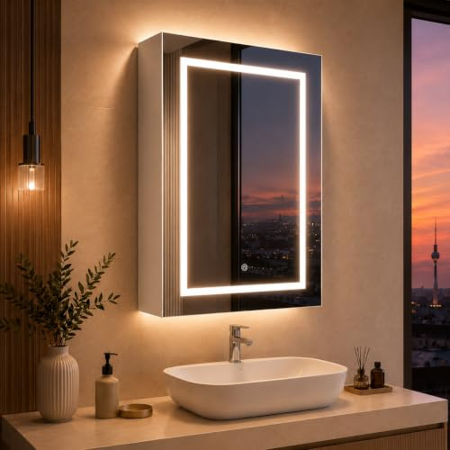 CXHLXYR Spiegelschrank Bad mit LED-Beleuchtung, 3 Farbtemperaturen,Dimmer, Badezimmerschrank mit Smart-Touch-Sensor-Steuerung, Spiegelschrank mit Beleuchtung, Integrierter Spiegel,50x70x13 cm