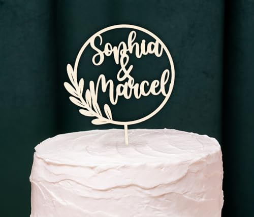 Cake Topper Hochzeit personalisiert – mit Namen des Brautpaares – wählbar: 15 cm oder 20 cm – Material: Birke Holz, Acryl oder farbiges Holz – Tortenstecker Hochzeitsdeko Geschenk
