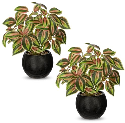 Briful Set of 2 Small Artificial Plants in Pot - Tradescantia Zebrina Fake Plants in Black Pots, 11.8 Decorative Houseplant Artificial Greenery for Living Room, Office, Shelf, Table Decoration