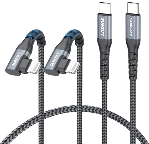 SUNGUY Cable USB C a Light-ning en ángulo recto, Light-ning de 90 grados, cable de carga rápida trenzado para iPhone 14/13/12/11 Pro Max Mini X XS XR Plus SE [Gris, 0.6m, 2Piezas]