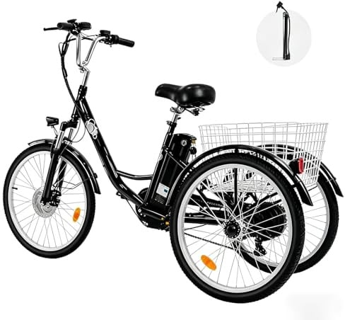Pudari Elektrisches Dreirad für Erwachsene M300 Abnehmbarer Akku 36V 15Ah Rutschfeste und verschleißfeste Reifen 24 x 2.125 Zoll Camping Dreirad Senioren-Transportdreirad