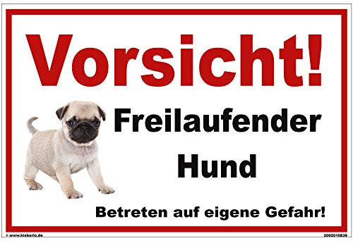 Kleberio® Warn Schild Mops 30 x 20 cm - Vorsicht! Freilaufender Hund Betreten auf eigene Gefahr - stabile Aluminiumverbundplatte