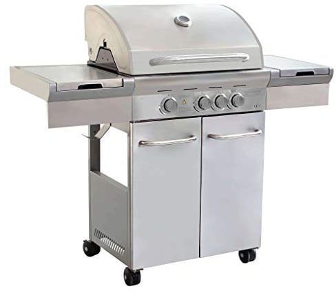 Milani Home_Barbecue A Gas In Acciaio Inox 3 Fuochi + 1 Laterale, Con Piastra E Griglia In Ghisa Per Esterno Giardino Portico Terrazzo