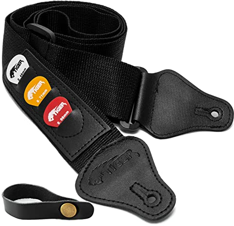 TIGER Black Gitarrengurt mit Akustikgitarre und Plektren
