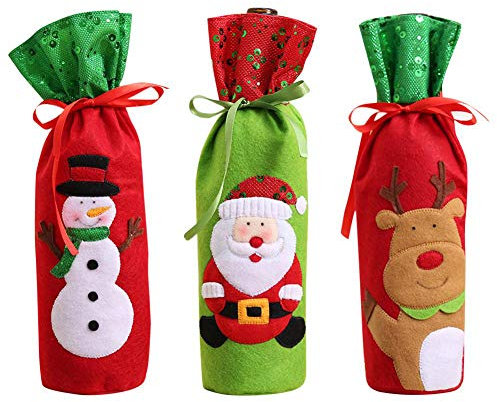 3 Pack Christmas Wine Gift Bags - Drawstring Pouch Covers for Bottles - Xmas Party Decor