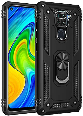 Coque pour Xiaomi Redmi Note 9 Housse Antichoc avec Anneau Rotatif Aimant 360 Degrés Etui Magnétique Rigide Dure Armure Bague Support Renforcée (Xiaomi Redmi Note 9, Noir)