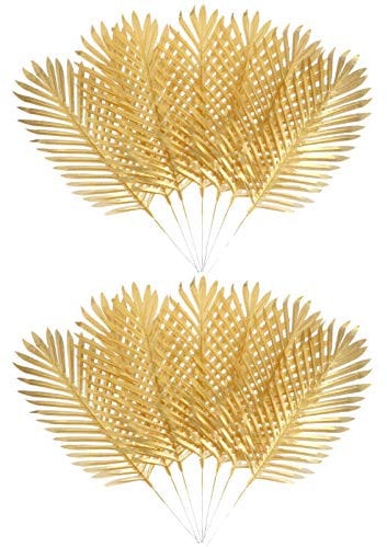 VALICLUD 10 Pièces D' Or Feuilles Branches Faux Plantes Faux Plantes Feuille De Palmier Verdure Feuilles De Palmier Tropical pour Palm De Mariage Jungle Hawaï Luau Party Décorations