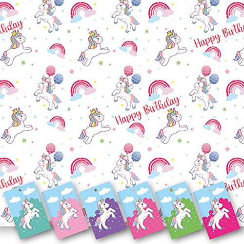 Einhorn Happy Birthday Geschenkpapier 5 XL Bögen (50 x 70 cm) Geschenkpapier mit passenden Etiketten Schneidegitter auf der Rückseite