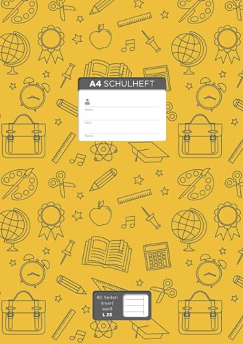 A4 Schulheft für „Vielschreiber“, 80 Seiten, liniert mit Rand, Lineatur 25, weißes Papier: Cover-Farbe: gelb, Illustration Schule, (10 verschiedene ... Seitenzahlen, Adressteil, und Kalender 2022