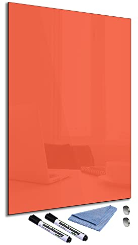 Glas-Magnettafel Orange 60x90 cm Whiteboard Wand Beschreibbar Magnetisch Pinnwand Küche Office Büro mit Zubehör Wochenplaner Abwischbar Deko Memoboard Tafel