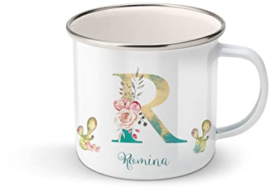 Taza de metal personalizada con tu inicial y tu nombre, letra r, ilustración original Daniela Barbieri