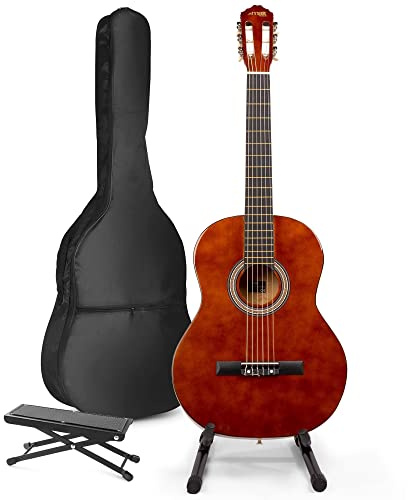 MAX SoloArt Konzertgitarre 4/4, Akustik Gitarre für Anfänger, Tasche, Gitarrenständer, Notenständer, Tuner, Plektrum, Gurt, Acoustic Guitar, Braun Hout